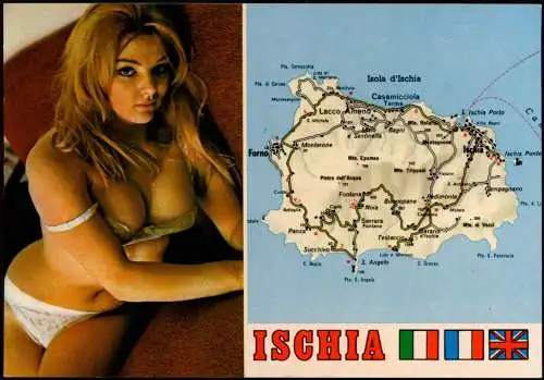 Cartoline Ischia Insel-Ansicht, Landkarte, sexy girl 1970