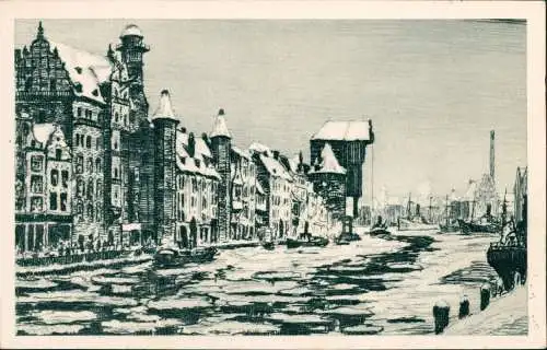 Postcard Danzig Gdańsk Krantor Künstlerkarte Winter 1954