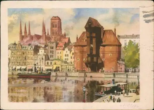 Postcard Danzig Gdańsk Krantor Stadtblick Künstlerkarte 1952