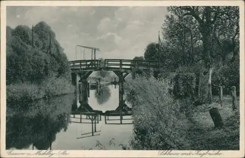 Canow-Wustrow (Mecklenburgische Seenplatte) Schleuse mit Zugbrücke. 1928