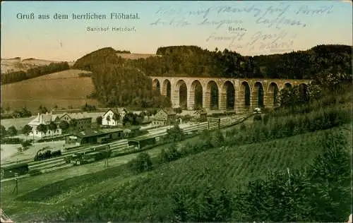 Ansichtskarte Hetzdorf-Flöha (Sachsen) Bahnhof Viadukt 1920  gel Bahnpoststempel