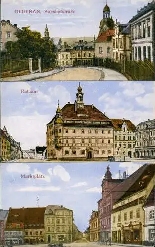 Ansichtskarte Oederan 3 Bild: Markt, Rathaus, Bahnhofstraße 1916